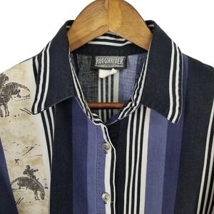 Vtg 90s Roughrider by Circle T Blue Striped Western Shirt Womens L Cowgirl